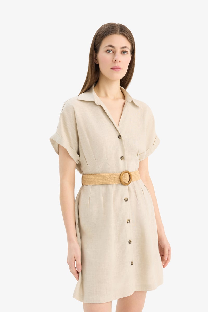 DeFacto Beige Woman Shirt Collar Belted Linen Blend Mini Dress Casual - Image 3